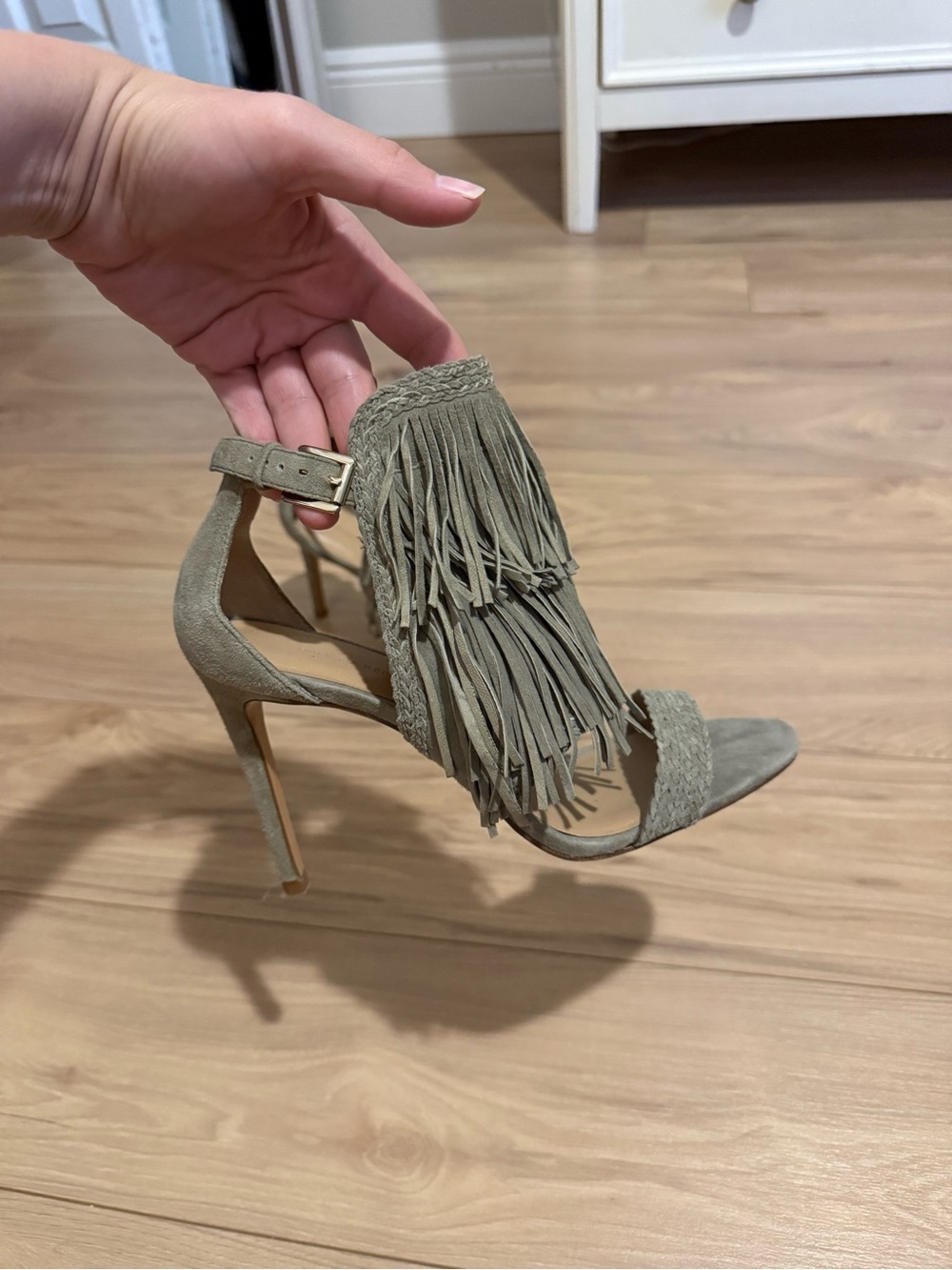 Banana Republic Taupe Suede Fringe High Heel Sandals